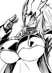 akeikou beelstarmon breasts digimon digimon_(creature) eye_mask highres large_breasts long_hair monochrome parted_lips sharp_teeth simple_background smile teeth third_eye underboob upper_body white_background