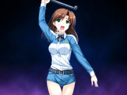 1girl belt bloody_rondo bow brown_hair cowboy_shot explosive extra female_focus game_cg green_eyes lead_pipe makita_maki shorts solo tears thigh_gap tnt