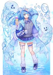 Rule 34 | 1girl, absurdres, arm up, blue eyes, blue hair, blue jacket, blue skirt, bow, bowtie, closed mouth, food, full body, grey sweater vest, highres, holding, holding food, holding ice cream, holding ice cream cone, ice cream, ice cream cone, jacket, jellyfish, kozou kazaru, long hair, long sleeves, looking at viewer, loose socks, miniskirt, one eye closed, open clothes, open jacket, original, pleated skirt, skirt, smile, socks, solo, standing, sweater vest, thigh strap, tongue, tongue out, v, water, white socks