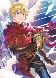 Rule 34 | 1boy, belt, black pants, blonde hair, blue eyes, book, brown belt, brown gloves, buttons, closed mouth, commentary request, cowboy shot, double-breasted, fingerless gloves, gloves, high collar, highres, holding, holding book, looking at viewer, male focus, pants, partial commentary, radiant historia, red scarf, red shirt, scarf, shirt, short hair, solo, stairs, stocke, wind, yuki (sumaburalove)