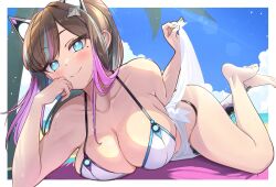1girl absurdres aishii_ai animal_ears barefoot beach beach_towel bikini blue_eyes blue_sky blue_streaks blush breasts brown_hair cat_ears cleavage cloud collarbone commentary commission day english_commentary feet_up hawe_king highres indie_virtual_youtuber large_breasts long_hair looking_at_viewer lying mole mole_under_eye multicolored_hair on_side outdoors palm_tree pink_streaks ponytail robot_ears sky smile solo streaked_hair sweat swimsuit towel tree virtual_youtuber wet