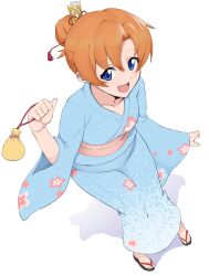 Rule 34 | 1girl, alternate costume, alternate hairstyle, arm up, bag, blue eyes, blue kimono, floral print, floral print kimono, foreshortening, from above, full body, hair bun, hair ribbon, highres, higurashi no naku koro ni, holding, holding bag, japanese clothes, kimono, long sleeves, looking at object, money bag, monstermilk, obi, open mouth, orange hair, parted bangs, print kimono, red ribbon, ribbon, ryuuguu rena, sandals, sash, shadow, simple background, smile, solo, white background, wide sleeves, zouri