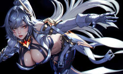 1girl bare_shoulders body_markings breasts commentary erdos_helia floating_hair hair_intakes hair_ornament highres honkai_(series) honkai_impact_3rd large_breasts long_hair looking_at_viewer mole mole_under_eye navel official_alternate_costume parted_lips solo stomach very_long_hair wo_jiushi_kanbudong yellow_eyes