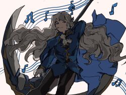 1boy argalia_(project_moon) ascot black_pants blue_cape blue_eyes blue_jacket cape closed_mouth divewet3 gloves gold_trim highres holding holding_scythe jacket library_of_ruina long_hair long_sleeves looking_at_viewer male_focus musical_note musical_staff pants project_moon scythe simple_background smile solo standing upper_body very_long_hair white_ascot white_background white_gloves white_hair