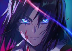 1girl blood blood_on_face blood_splatter brown_hair commentary_request glaring glowing glowing_eyes highres jacket kara_no_kyoukai looking_at_viewer mystic_eyes_of_death_perception non_(nonzile) parted_bangs red_jacket ryougi_shiki short_hair solo