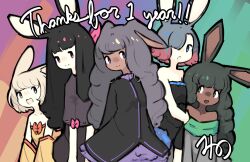 Rule 34 | 5girls, animal ears, anniversary, assassin rabbit, black dress, black hair, blonde hair, blue eyes, blunt bangs, closed mouth, commentary, cowboy shot, dancer rabbit, dark-skinned female, dark skin, detached sleeves, dress, druid rabbit, english commentary, floppy ears, green eyes, grey hair, hair over one eye, heavyblade rabbit, highres, long hair, looking at viewer, mino dev, multicolored hair, multiple girls, off-shoulder dress, off shoulder, open mouth, pink eyes, pink hair, purple eyes, rabbit and steel, rabbit ears, rabbit girl, rainbow background, short hair, smile, two-tone hair, wizard rabbit, yellow eyes, yellow sleeves
