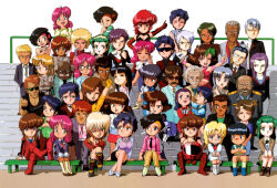 absolutely_everyone black_necktie breasts bubblegum_crisis character_request chibi closed_mouth crossed_legs dark-skinned_male dark_skin dual_persona everyone helmet highres linna_yamazaki lisa_vanette long_hair looking_at_viewer multicolored_hair necktie nene_romanova one_eye_closed open_mouth pantyhose priscilla_asagiri reika_chang short_hair smile sonoda_ken&#039;ichi sylia_stingray unworn_headwear unworn_helmet