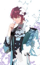 1boy ameinu ascot brooch buttons flower hair_between_eyes hand_up highres jacket jewelry long_sleeves looking_down male_focus open_clothes open_jacket original red_hair shirt short_hair simple_background smile solo upper_body white_ascot white_background yellow_eyes