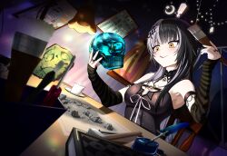 1girl arm_strap black_arm_warmers black_choker black_dress black_hair black_nails book breasts choker crescent cup desk desk_lamp dress grey_hair harrybyharry highres holding holding_brush holding_skull hololive hololive_english indoors inkwell jewelry lamp large_breasts long_hair multicolored_hair quill ribbon ring rock saucer shiori_novella shiori_novella_(1st_costume) skull solo split-color_hair striped_arm_warmers teacup tongue tongue_out two-tone_hair virtual_youtuber white_ribbon yellow_eyes