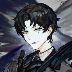 1boy :d adjusting_clothes adjusting_gloves black_gloves black_hair black_wings blue_eyes blurry blurry_background collared_shirt feathered_wings gloves green_eyes grin heterochromia looking_at_viewer male_focus mole mole_under_eye open_mouth original portrait shirt short_hair smile solo white_shirt wings wuruko
