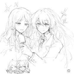 2girls animal_ears bang_dream! bang_dream!_it&#039;s_mygo!!!!! blush chihaya_anon chinese_commentary collared_shirt commentary_request dog_ears food hand_in_own_hair haneoka_school_uniform highres holding holding_food holding_popsicle kemonomimi_mode licking_lips long_hair long_sleeves multiple_girls muonrei00 nagasaki_soyo neckerchief necktie popsicle sailor_collar school_uniform sharing_food shirt smile sparkle tongue tongue_out tsukinomori_school_uniform