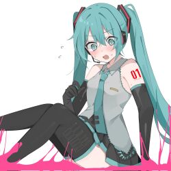 1girl @_@ arm_tattoo armpits ass bare_shoulders choppy_bangs collared_shirt feet_out_of_frame green_eyes green_hair hatsune_miku highres legs long_hair necktie shirt solo stuck tattoo thighhighs twintails vocaloid waimoniku