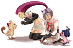 1boy 1girl blue_hair clothes_writing dirty gen_1_pokemon gen_4_pokemon hair_slicked_back james_(pokemon) jessie_(pokemon) kneeling long_hair manene meowth mime_jr. nintendo pokemon pokemon_(anime) pokemon_(creature) pokemon_dppt_(anime) red_hair shadow simple_background team_rocket team_rocket_uniform thighhighs white_background