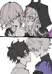 Rule 34 | 2boys, 2girls, armor, bite mark, black armor, black gloves, black hair, blue eyes, blush, brown eyes, closed mouth, eye contact, fang, fate/grand order, fate (series), fujimaru ritsuka (male), fujimaru ritsuka (male) (decisive battle chaldea uniform), galahad (fate), glasses, gloves, green eyes, grey hair, hair over one eye, height difference, highres, hood, hood up, lilith (fate), lilith (first ascension) (fate), long hair, looking at another, lplplup, mash kyrielight, multiple boys, multiple girls, one eye covered, open mouth, profile, purple eyes, purple hair, short hair, simple background, smile, sweat, white background, yaoi, yuri