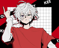 Rule 34 | 1boy, bandaged head, bandages, caution tape, commentary request, drop shadow, green eyes, grid background, heterochromia, keep out, long sleeves, looking at viewer, male focus, murakumo kagetsu, nagikiho, nijisanji, pointing, pointing up, purple eyes, red background, red shirt, shirt, short hair, simple background, solo, t-shirt, undershirt, upper body, virtual youtuber, white background, white hair, white shirt