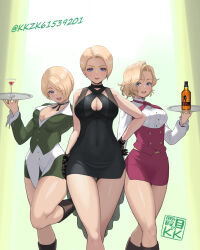 3girls artist_logo blonde_hair blue_eyes boots bottle bow bowtie breasts buttons center_opening choker cleavage closed_mouth cocktail_dress commentary_request dress earrings elizabeth_(kof) employee_uniform evening_gown gloves hair_over_one_eye halterneck happy highres holding holding_tray jewelry king_(snk) kkzk61539201 large_breasts logo long_sleeves looking_at_viewer miniskirt multiple_girls open_mouth pink_skirt pink_vest ryuuko_no_ken sally_(kof) shirt short_hair signature simple_background skirt smile solo standing the_king_of_fighters tray twitter_username vest waiter waitress white_background white_shirt