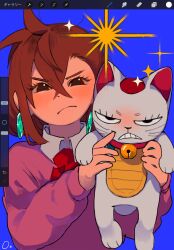 Rule 34 | 1girl, animal, art program in frame, ayase momo, bell, blue background, bow, bowtie, brown eyes, brown hair, cat, clenched teeth, closed mouth, collared shirt, crossed bangs, dandadan, earrings, frown, furrowed brow, hair between eyes, highres, holding, holding animal, holding cat, jewelry, light blush, medium hair, neck bell, pink sweater, red bow, red bowtie, school uniform, shirt, sparkle, sweater, tamatan97, teeth, turbo granny (dandadan), upper body, white shirt