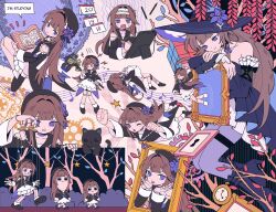6+girls :3 :p @_@ arm_up bare_shoulders beret bkub_(style) black_boots black_cat black_dress black_hat black_jacket black_sailor_collar blunt_bangs book boots branch brown_hair cat choker clenched_hands closed_eyes closed_mouth clothing_cutout commentary control_bar detached_sleeves doll_joints drawing_tablet dress english_commentary english_text flower gears grey_pantyhose hair_intakes hair_ornament hair_ribbon hammer hand_up hands_up hat hat_flower herta_(honkai:_star_rail) highres holding holding_book holding_hammer holding_picture_frame holding_stylus honkai:_star_rail honkai_(series) jacket joints keyhole light_blush long_hair long_sleeves looking_at_another looking_at_viewer looking_down manga_(object) multiple_girls multiple_persona musical_note musical_staff open_book open_mouth overine19 pantyhose parody picture_frame pinocchio_(disney_movie) pocket_watch poptepipic pout puppet_strings purple_choker purple_eyes purple_flower purple_ribbon ribbon ripples rubik&#039;s_cube sailor_collar shoulder_cutout sitting sleeve_cuffs smile star_(symbol) stylus the_herta_(honkai:_star_rail) tongue tongue_out watch white_dress witch_hat x_hair_ornament