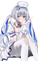 Rule 34 | 1girl, amane kanata, amane kanata (nurse), apron, bandaged arm, bandages, blush, closed mouth, collar, commentary, detached collar, dress, frilled apron, frills, glint, gloves, grey hair, highres, holding, holding syringe, hololive, invisible chair, lanyard, looking to the side, nurse, pantyhose, puffy short sleeves, puffy sleeves, purple eyes, shin ilst, short sleeves, sidelocks, simple background, single hair intake, sitting, solo, syringe, virtual youtuber, white apron, white background, white collar, white dress, white gloves, white pantyhose, wing collar