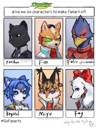 animal_ears animal_nose beak bird_boy black_sclera blue_eyes blue_fur body_fur bow closed_mouth colored_sclera commentary dog_girl earrings english_commentary english_text falco_lombardi fay_spaniel fox_boy fox_mccloud furry furry_female furry_male green_eyes highres jewelry krystal looking_at_viewer lynx_girl miyu_lynx multiple_drawing_challenge necktie nintendo panther_boy panther_caroso panther_ears pruh purple_eyes red_bow single_earring six_fanarts_challenge snout star_fox star_fox_assault whiskers white_fur yellow_eyes