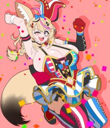 Rule 34 | 1girl, absurdres, alternate breast size, animal ear fluff, animal ears, arm up, armpits, asymmetrical footwear, asymmetrical legwear, back bow, bare shoulders, black choker, black hair, blonde hair, blue bow, blue skirt, blue thighhighs, blush, boots, bow, bowtie, braid, breasts, choker, cleavage, clothing cutout, clown, club (shape), club hair ornament, confetti, diamond (shape), diamond hair ornament, elbow gloves, facial mark, fox ears, fox girl, fox tail, gloves, hair bow, hair ornament, hair propeller, hairclip, hat, heart, heart hair ornament, heart in eye, highres, hololive, huge breasts, jester cap, jumping, layered skirt, long hair, looking at viewer, makeup, mismatched footwear, mismatched legwear, multicolored boots, multicolored hair, navel, navel cutout, omaru polka, omaru polka (1st costume), one eye closed, open mouth, pink background, pink streaks, pink thighhighs, pointed footwear, purple eyes, red bow, red bowtie, red gloves, shoelaces, shoes, side braid, simple background, single braid, single elbow glove, single glove, skirt, smile, solo, spade (shape), spade hair ornament, star (symbol), streaked hair, striped clothes, striped skirt, striped thighhighs, symbol in eye, tail, tak111, teeth, thighhighs, tilted headwear, upper teeth only, vertical-striped clothes, vertical-striped skirt, vertical-striped thighhighs, virtual youtuber, wrist cuffs, x hair ornament, zettai ryouiki