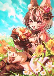 Rule 34 | 1girl, :3, animal ear fluff, bare shoulders, black hair, blue sky, blush, boots, breasts, brown boots, brown gloves, brown shorts, cleavage, commission, flower, food, gloves, hair ornament, highres, holding, holding food, long hair, looking at viewer, medium breasts, multicolored hair, open mouth, original, outdoors, rabbit, red eyes, red hair, shorts, sitting, skeb commission, sky, solo, streaked hair, teeth, thigh boots, white flower, yellow flower, yuuri (0914yuuri k)