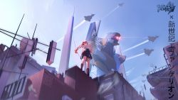 1girl aircraft airplane antennae black_socks blue_sky building crossover eva_00 fighter_jet frederica_nikola_tesla from_below full_body gao_guangyue glowing glowing_eye hair_between_eyes highres honkai_(series) honkai_impact_3rd kneehighs long_hair military military_vehicle neon_genesis_evangelion outdoors red_eyes red_hair scenery sky socks solo twintails wide_shot