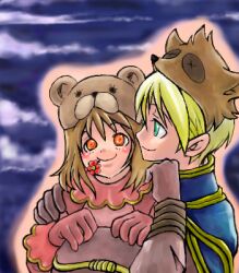 Rule 34 | 1boy, 1girl, alchemist (ragnarok online), bear hat, blonde hair, blue cape, blush stickers, brown gloves, brown jacket, cape, closed mouth, commentary request, gloves, green eyes, hands on another&#039;s shoulders, jacket, koma mama, long sleeves, looking at another, lowres, merchant (ragnarok online), orange eyes, raccoon hat, ragnarok online, short hair, smile, upper body