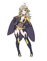 Rule 34 | 1girl, absurdres, ahoge, black bridal gauntlets, blonde hair, bodystocking, breasts, bridal gauntlets, circlet, covered navel, fire emblem, fire emblem fates, gold cape, green eyes, grimmelsdathird, highres, hip armor, long hair, looking at viewer, medium breasts, nintendo, ophelia (fire emblem), panties, smile, solo, toeless footwear, underwear, yellow panties