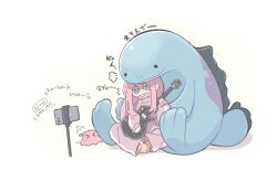 &gt;_&lt; 1girl ^^^ barefoot blue_eyes bocchi_the_rock! cellphone commentary_request crossover front-to-back gen_2_pokemon gotoh_hitori gotoh_hitori_(octopus) guitar hair_between_eyes hand_up highres holding holding_guitar holding_instrument indian_style instrument jacket long_hair long_sidelocks long_sleeves nintendo no_mouth pants phone pink_hair pink_jacket pink_pants pink_track_suit pokemon pokemon_(creature) puff_of_air quagsire ry_(pitamin5) selfie_stick shout_lines sidelocks simple_background sitting smartphone track_jacket track_pants track_suit translation_request trembling white_background zipper zipper_pull_tab