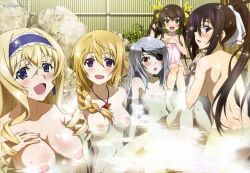 5girls blonde_hair breasts brown_hair cecilia_alcott charlotte_dunois completely_nude green_eyes grey_hair huang_lingyin infinite_stratos large_breasts laura_bodewig long_hair medium_breasts midriff multiple_girls nipples nude purple_eyes red_eyes shinonono_houki short_hair small_breasts twintails water wet