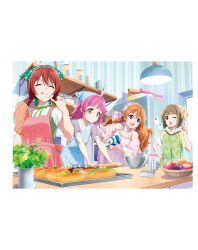 4girls ahoge apron artbook basket blue_apron blunt_bangs bob_cut bow bread brown_hair closed_eyes emma_verde food green_apron green_bow grey_hair headscarf highres indoors konoe_kanata long_hair love_live! love_live!_nijigasaki_high_school_idol_club multiple_girls nakasu_kasumi non-web_source official_art one_eye_closed open_mouth pink_apron pink_eyes pink_hair polka_dot purple_eyes qu4rtz_(love_live!) short_hair tennoji_rina tongue tongue_out twintails wavy_hair yellow_eyes