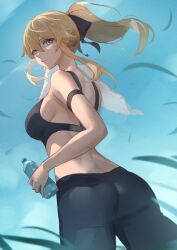 1girl absurdres after3310 alternate_costume ass black_pants blonde_hair blue_eyes blue_sky bottle breasts day from_behind genshin_impact highres holding holding_bottle holding_towel jean_(genshin_impact) looking_at_viewer looking_back medium_breasts pants ponytail sky solo sports_bra thigh_strap towel
