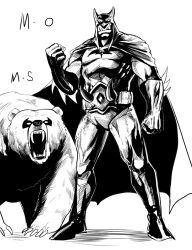 animal_ear_headwear animal_print bat_print batman batman_(cosplay) batman_(series) batman_symbol bear belt cape claws clenched_hand cosplay cowl dc_comics domino_mask fake_animal_ears fangs gegegekman gloves greyscale hand_up hearthstone male_focus mask monochrome muscular muscular_male open_mouth orc rexxar superhero_costume tusks utility_belt warcraft