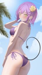 1girl alternate_costume ass bare_arms bare_shoulders bikini blue_sky blush breasts cloud commentary_request contrail cowboy_shot day demon_tail double-parted_bangs earrings flower food food_in_mouth from_side furrowed_brow green_eyes hair_between_eyes hair_flower hair_ornament highres hillgar0 hololive jewelry looking_at_viewer medium_breasts multicolored_hair outdoors palm_leaf pink_hair popsicle popsicle_in_mouth purple_bikini purple_hair short_hair side-tie_bikini_bottom sky solo standing streaked_hair swimsuit tail tokoyami_towa two-tone_hair virtual_youtuber x_hair_ornament yellow_flower