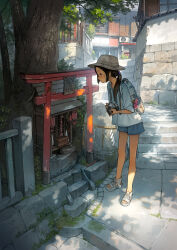 Rule 34 | 1girl, absurdres, architecture, backpack, bag, bag charm, bare legs, black eyes, black hair, blue bag, blue shorts, braid, camera, charm (object), closed mouth, day, east asian architecture, expressionless, full body, hat, highres, holding, holding camera, lantern, low twin braids, original, outdoors, paper lantern, profile, sandals, scenery, shade, shirt, short shorts, shorts, shrine, sidelocks, solo, stairs, standing, three-quarter sleeves, torii, tree, twin braids, white hat, white sandals, white shirt, yoshida seiji