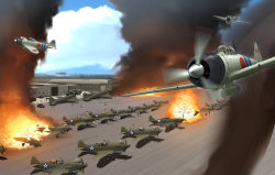a6m_zero aircraft airplane battle commentary english_commentary explosion flying hangar imperial_japanese_navy joe_wight jumpsuit military_vehicle motion_blur multiple_boys p-40_warhawk pearl_harbor pearl_harbor_(manga) propeller propeller_fighter real_life roundel smoke united_states vest world_war_ii
