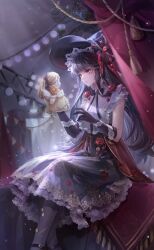 1girl artist_request bare_shoulders black_bow black_bowtie black_dress black_gloves black_hair black_hat black_shoes bow bowtie buckle cersei_(shining_nikki) collared_shirt curtains doll dress expressionless eyelashes feet_out_of_frame floral_print flower frilled_bow frilled_dress frilled_headwear frilled_shirt_collar frills game_cg garland_(decoration) gloves grey_pantyhose hat hat_bow hat_ribbon high_collar highres holding holding_doll indoors lace lace-trimmed_dress lace_trim long_dress long_hair looking_at_object marking_on_cheek mirage_puppeteer_(shining_nikki) night nikki_(series) official_art pantyhose parted_lips petals pointy_nose red_eyes red_flower red_ribbon red_rose ribbon rose rose_petals rose_print shining_nikki shirt shirt_under_dress shoes sidelocks sitting sleeveless sleeveless_dress sleeveless_shirt solo spotlight stage white_shirt witch_hat