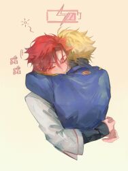 2boys absurdres artist_logo black_hair black_shirt blonde_hair blue_jacket blush chinese_commentary chinese_text closed_eyes cropped_torso doodle_inset highres hug jacket logo long_sleeves male_focus multicolored_hair multiple_boys red_hair shiguang_dailiren shirt short_hair simple_background sleeves_past_wrists upper_body white_shirt xia_fei xiao_weiying yaoi yellow_background you_yeyou0904