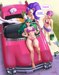 3girls animal_ears animal_print barefoot bat_print bikini blue_bikini blue_shorts body_fur breasts car cat cat_ears cat_girl darkstalkers felicia_(darkstalkers) from_above green_hair group_picture highres large_breasts lilith_(darkstalkers) lying morrigan_aensland motor_vehicle multiple_girls on_back print_bikini purple_bikini purple_eyes purple_hair red_bikini shorts sitting small_breasts suddakka summer sunglasses swimsuit