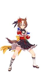 Rule 34 | 1girl, animal ears, bad link, bare shoulders, black ribbon, black shorts, black skirt, breasts, brown eyes, brown hair, cleavage cutout, clenched hands, clothing cutout, fighting stance, full body, game model, gloves, hair between eyes, hair ribbon, hakama, hakama skirt, highres, horse ears, horse girl, horse tail, japanese clothes, looking at viewer, multicolored hair, official art, pinwheel hair ornament, red gloves, ribbon, short hair, shorts, shorts under skirt, skirt, small breasts, solo, tail, transparent background, two-tone hair, umamusume, white hair, yaeno muteki (umamusume)