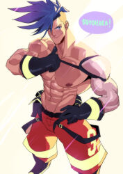 Rule 34 | 1boy, abs, absurdres, artist name, bara, belt, black belt, black gloves, blue eyes, blue hair, chest strap, closed mouth, commentary, english commentary, foot out of frame, galo thymos, gloves, highres, looking at viewer, male focus, mohawk, muscular, muscular male, nipples, pants, promare, red pants, smile, solo, standing, suyohara, topless male, undercut, white background