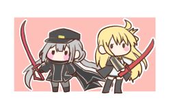 2girls ahoge blonde_hair blush border c_39hope chibi dress duel_monster grey_hair highres holding holding_sword holding_weapon long_hair low_twintails multiple_girls pantyhose scarf sidelocks sky_striker_ace_-_raye sky_striker_ace_-_roze standing sword thighhighs twintails weapon white_border yu-gi-oh! yu-gi-oh!_master_duel
