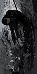 1boy baldur&#039;s_gate baldur&#039;s_gate_3 blood cazador_szarr closed_eyes dungeons_&amp;_dragons dungeons_&amp;_dragons flower hair_slicked_back highres male_focus pointy_ears rain solo spot_color vihua6