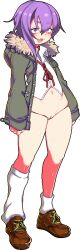 1girl blush borrowed_character commentary_request crop_top dokata_(hamanan_doboku_kougyou) flat_chest full_body lowleg lowleg_panties navel open_clothes open_mouth original panties purple_eyes purple_hair shoes short_hair simple_background sneakers solo sweat underwear white_background