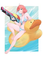 1girl absurdres bare_shoulders bikini blue_bikini blue_eyes breasts character_request collarbone copyright_request full_body highres holding holding_water_gun inflatable_toy looking_at_viewer medium_breasts medium_hair navel ocean peesh_san pink_hair solo stomach swimsuit water_gun