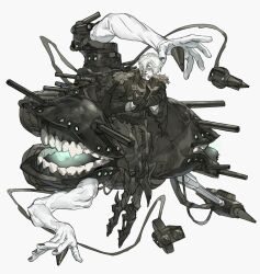 Rule 34 | 1boy, abyssal ship, armored boots, bbbb fex, boots, challia bull, commentary request, facial hair, full body, gloves, gundam, gundam gquuuuuux, hair over one eye, highres, jacket, kantai collection, kikeroga (gquuuuuux), long sleeves, male focus, mecha, military jacket, military uniform, mustache, muted color, open mouth, pants, parody, robot, science fiction, short hair, simple background, solo, standing, sweatdrop, white background