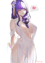 1girl absurdres alternate_costume alternate_hairstyle arms_behind_back braid breasts breasts_apart closed_mouth commentary_request covered_erect_nipples cup dress dress_flower evening_gown flower genshin_impact hair_flower hair_ornament hair_over_shoulder happy_new_year heart highres holding holding_cup jewelry large_breasts light_blush long_hair looking_at_viewer mole mole_under_eye necklace new_year purple_eyes purple_flower purple_hair raiden_shogun revealing_clothes rose see-through_clothes signature single_braid sleeveless sleeveless_dress smile solo spill spoken_heart white_background white_dress white_flower white_rose zhan_bu
