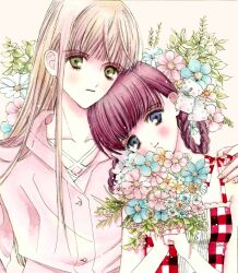 2girls blonde_hair braid floral_background flower hand_on_another&#039;s_shoulder highres holding holding_flower leaning_on_person light_smile multiple_girls nui_nakato original red_hair upper_body
