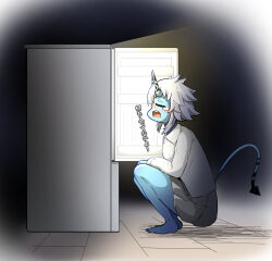 1girl amekurage999 black_skirt blue_horns blue_oni blue_skin closed_eyes collared_shirt colored_skin hair_between_horns highres horns oni refrigerator shirt skin-covered_tail skirt soukaku_(zenless_zone_zero) squatting white_background white_shirt yawning zenless_zone_zero